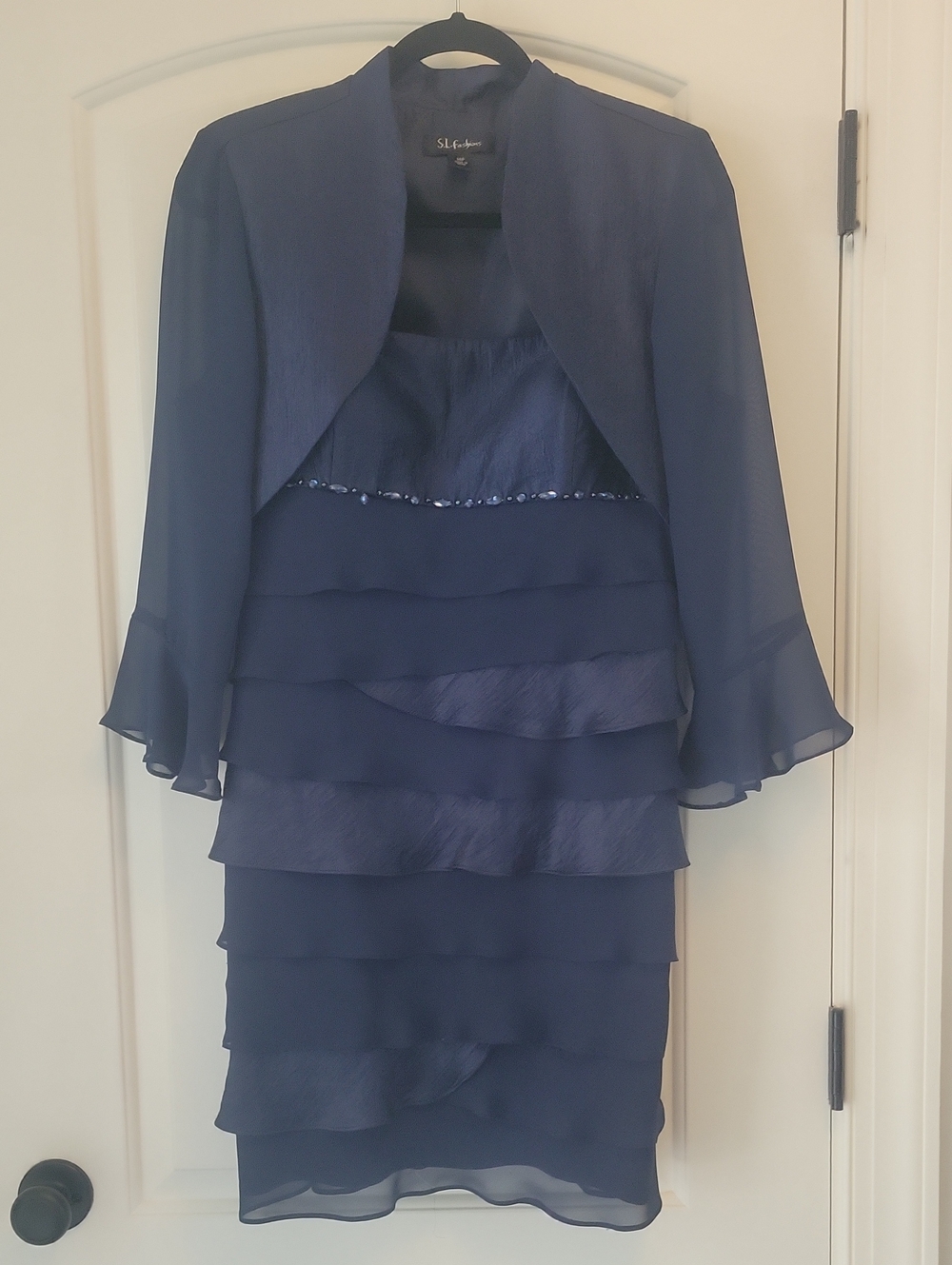 SL Fashions Navy Layered Dress with Sheer Jacket
